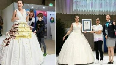 Photo of وزنه 131 كيلو غرام .. أول فستان زفاف من ” الكعك ” قابل للارتداء و الأكل